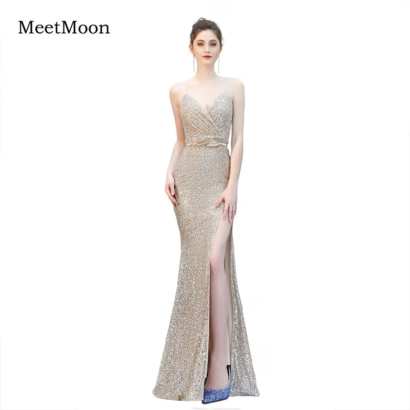 MeetMoon Metallic Silver Glitter Sequined Formal Prom Dress Long Mermaid Pageant Gown Side Slit Dance Dresses Robe De Soire