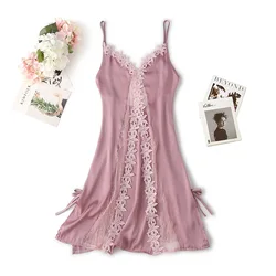 Appliques Sexy Nightgown Satin Women Lace Sleep Dress Loose Hollow Out Nightdress Sleepwear V-Neck Rayon Home Dressing Gown