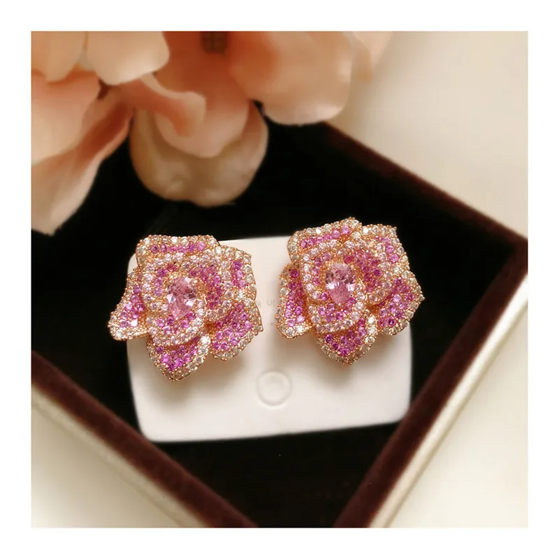 Jewelry Sets For Women S925 Silver Needle Pink CZ Stereoscopic Rose Flower Open Adjustable Stud Earrings Index Finger Ring