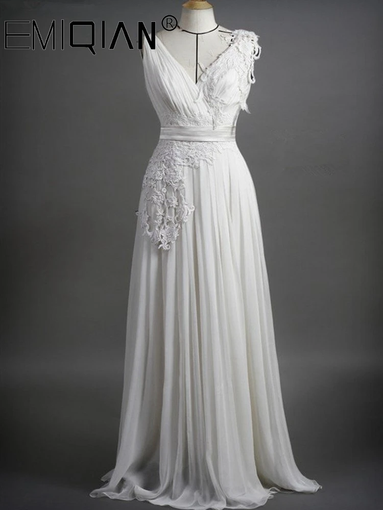 

Column V-neck Appliqued Chiffon Bridal Wedding Dress,V Neck Lace Bridal Gowns