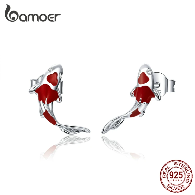 BAMOER Fish Red Enamel Stud Earrings for Women 925 Sterling Silver Spring Koi Ear Studs Festival Silver Fashion Jewelry SCE812