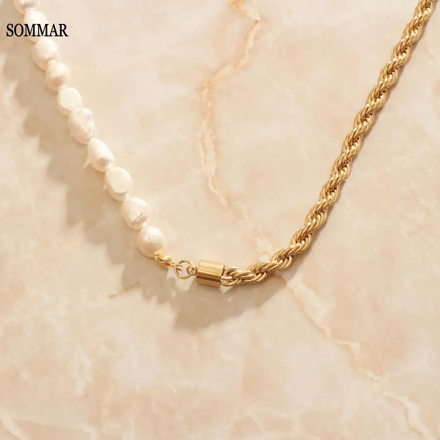 SOMMAR summer style Gold color Lady Necklace on the neck Half pearls, half twist chain tattoo choker Jewelry for women