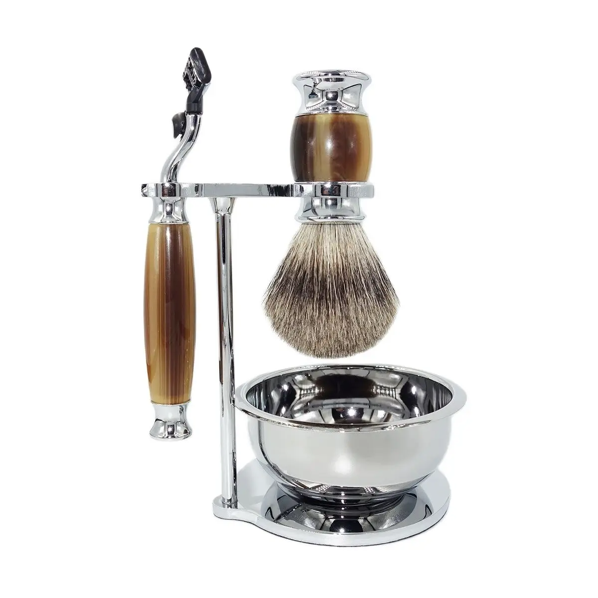 Magyfosia Luxury Safety Razor Shaving Kit for Men Faux Horn Handles Silvertip Badger Brush Soap Bowl and Stand  Grooming