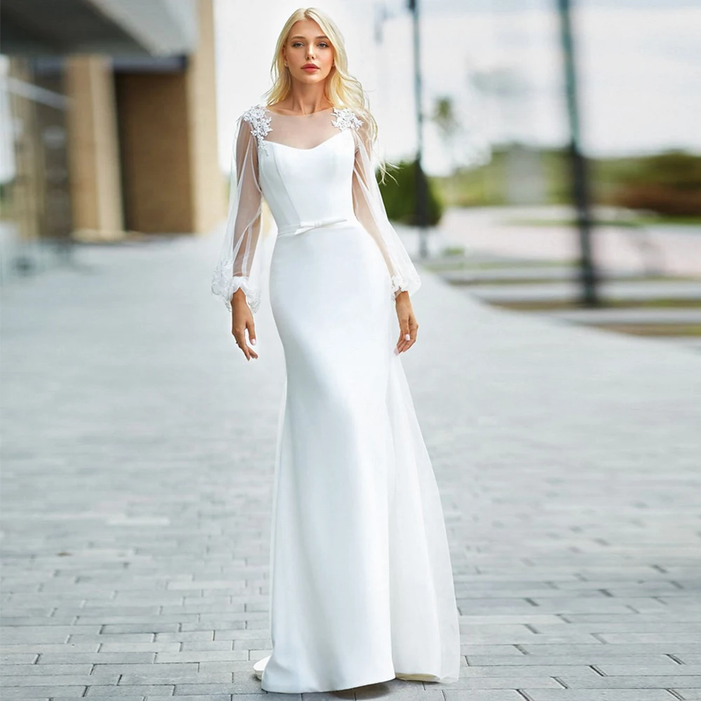 Simple Sheath Jersey Wedding Dress for 2023 Brides Illusion Scoop and Long Sleeve Bridal Gowns with Appliques  Lace Up Back