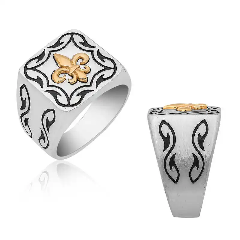 Silver Lily Flower Patterned Men's Ring - 925 Sterling Men's Jewelry Wedding Birthday Gift - Box - - Male - Fashion - Botiva - Size - Turkish - Patterned Embroidered