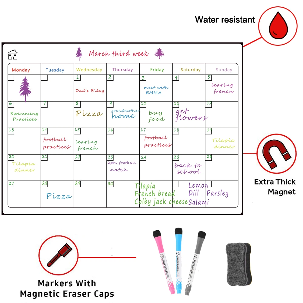 Hivillexun kalender kulkas 16.5 "x 11.8", papan kalender hapus kering magnetik kulkas papan pesan papan tulis magnetik