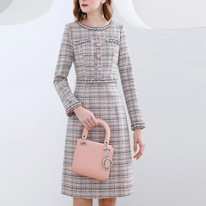 plaid tweed dress 2021spring / autumn women\'s dress fashion tweed dress A- line  One-piece Dress