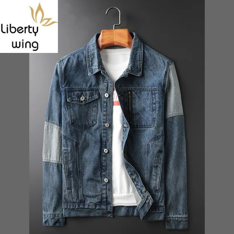 

Fashion Autumn Patchwork Men Jean Casual Blue Work Denim Coat Male Vintage Single Breasted Motorcycle Biker Jacket