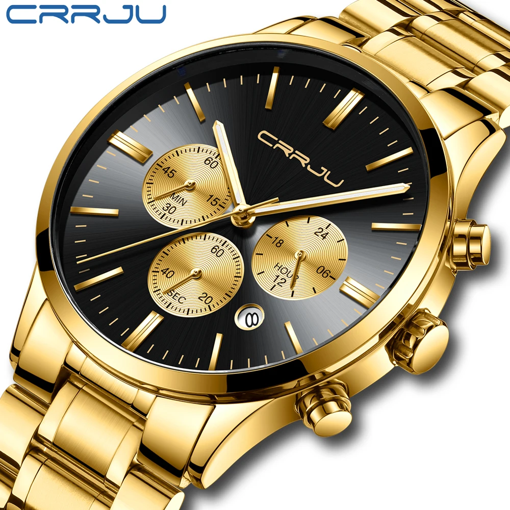 

CRRJU Men's Gold Stainless Steel Quartz Watches Luxury Business Chronograph Analgue Wristwatch for Man Waterproof Clock