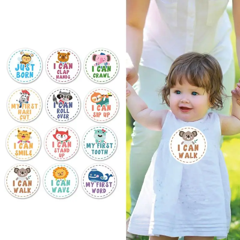 12Pcs Animal Month Sticker Baby Photography Commemorative Card Number Milestone Memorial Sticker Newborn Baby Photo Props