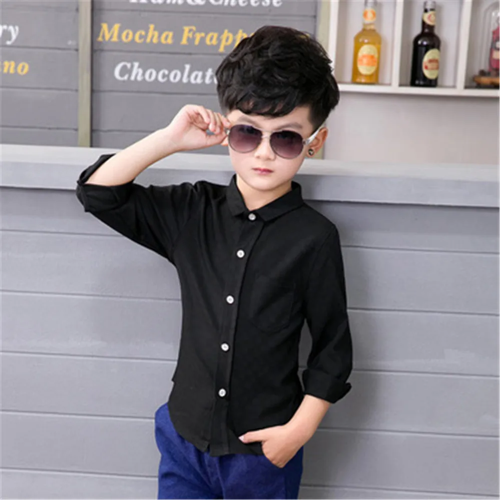 Boys Dinner Shirt Black Buttons Shirts Long Sleeve Turn-down Collar Solid  White Black Kids School