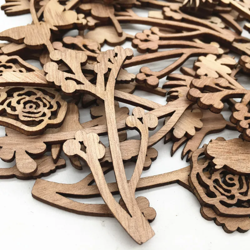 30pcs Wooden Laser Cutout Crafts Wood Flowers and Leaves Blanks Embellishments for DIY Crafts Christmas Wedding Decoration