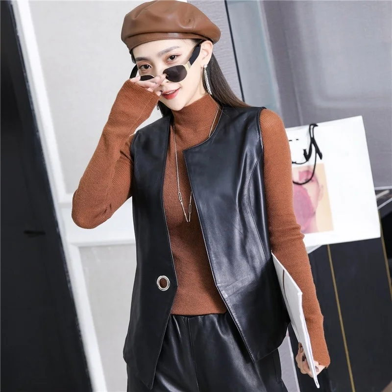 New Fashion Womens Sheepskin Slim Sleeveless Vest Jacket Office Lady O-Neck Genuine Leather High Quality Korean Style Vest