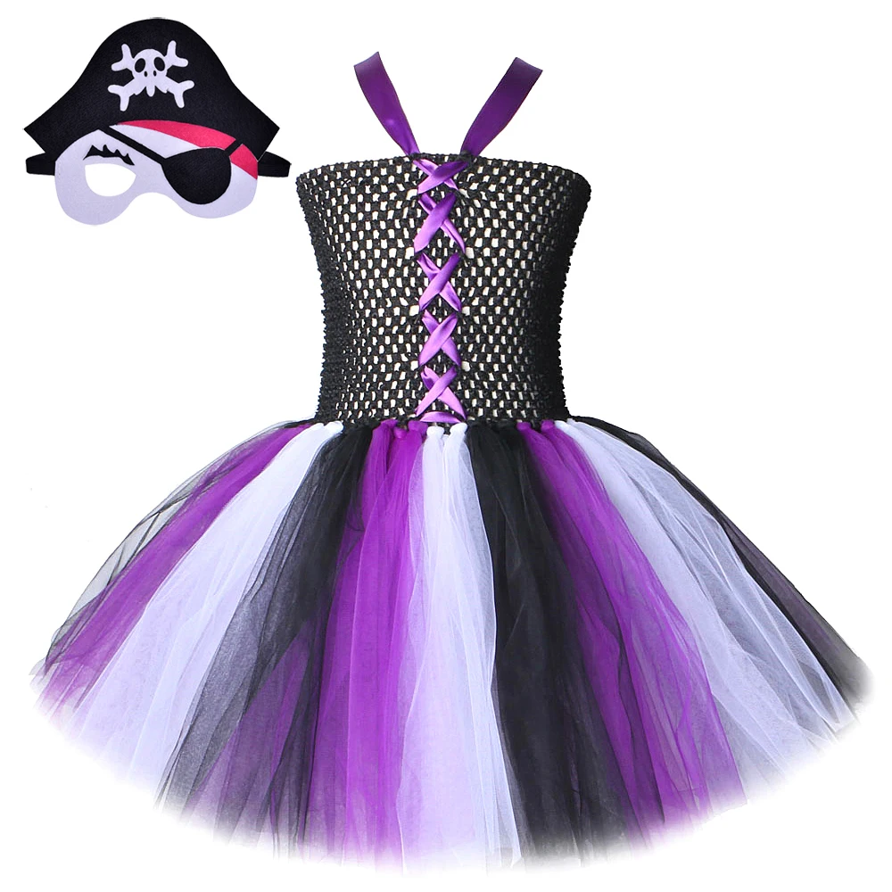 

White Purple Black Pirate Tutu Dress for Girls Carnival Halloween Costumes for Kids Girl Birthday Outfit Fancy Clothes with Mask