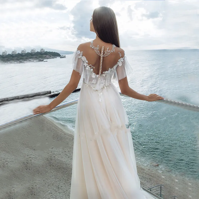 Beach Wedding Dress 2024 A Line Exquisite Applique Button Back Floor Length Vintage Bridal Gown For Woman Vestidos New arrival