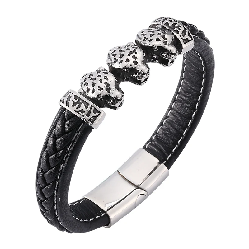 

Punk Jewelry Leopard Stainless Steel Accessories Men Leather Bracelets Male Woven Bracelet For Man Birthday BB0193