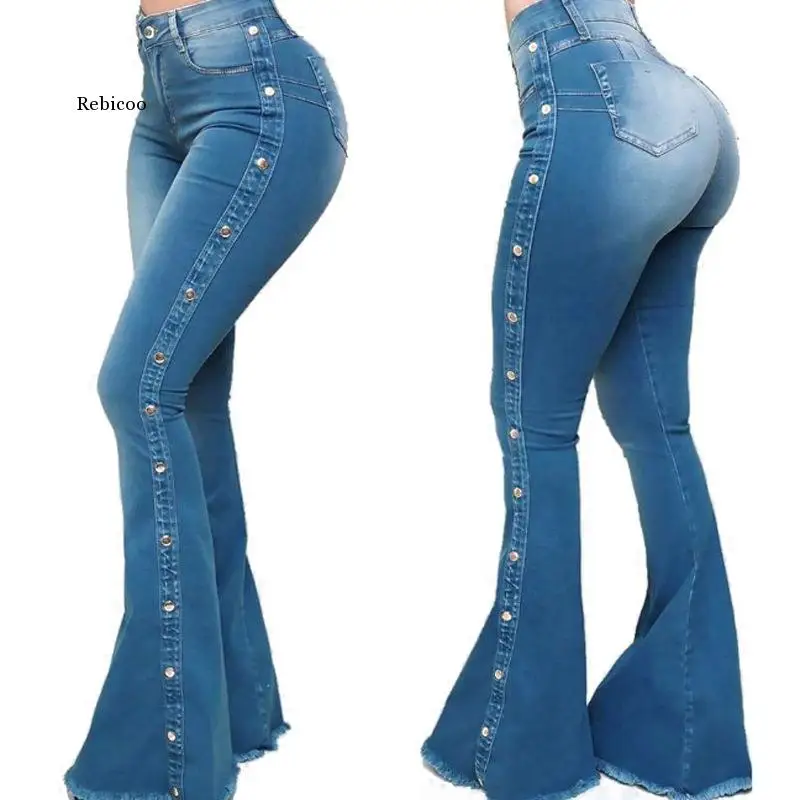 

Fashion Side Button Denim Flare Pants High Waist Women Stretch Jeans Wide Leg Trouser Lady Sexy Push-UP Bell-Bottoms Jean Female