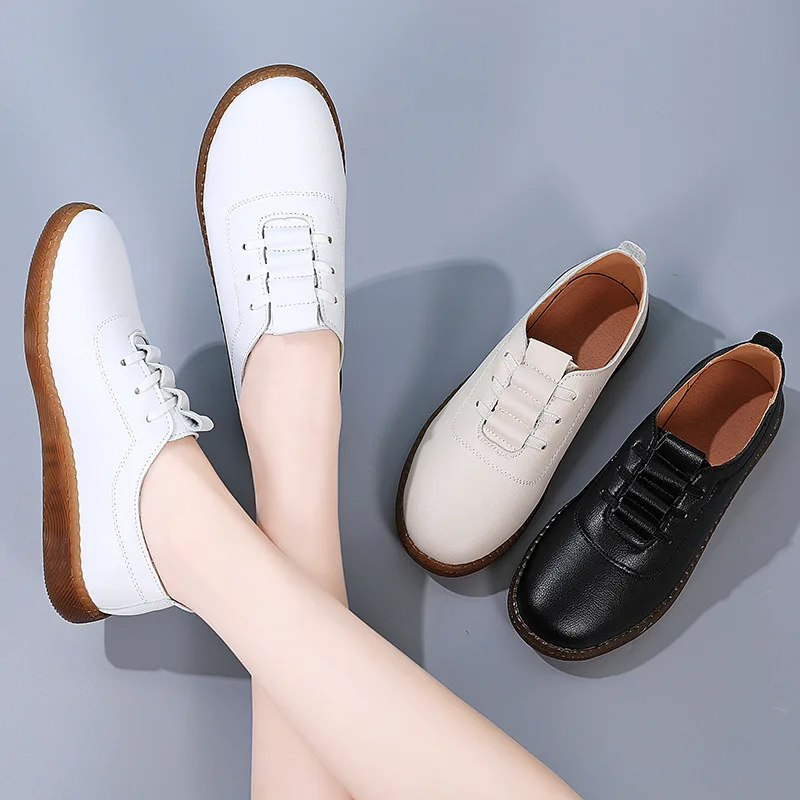 WOIZGIC Women Ladeis Mother Female Genuine Leather Flats Loafers White Shoes Soft Non Slip Vulcanized Shoes Size 35-41