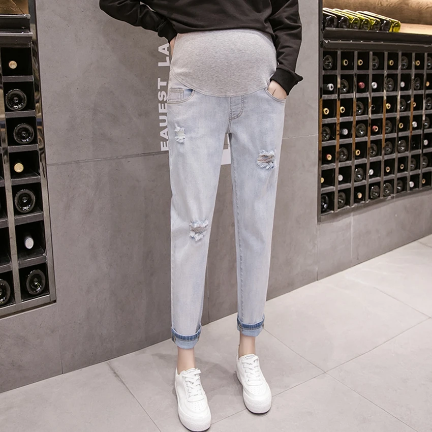 Calças jeans femininas grávidas, calça feminina grávida fashion com três pontos elástico que estica calças jeans levanta estômago