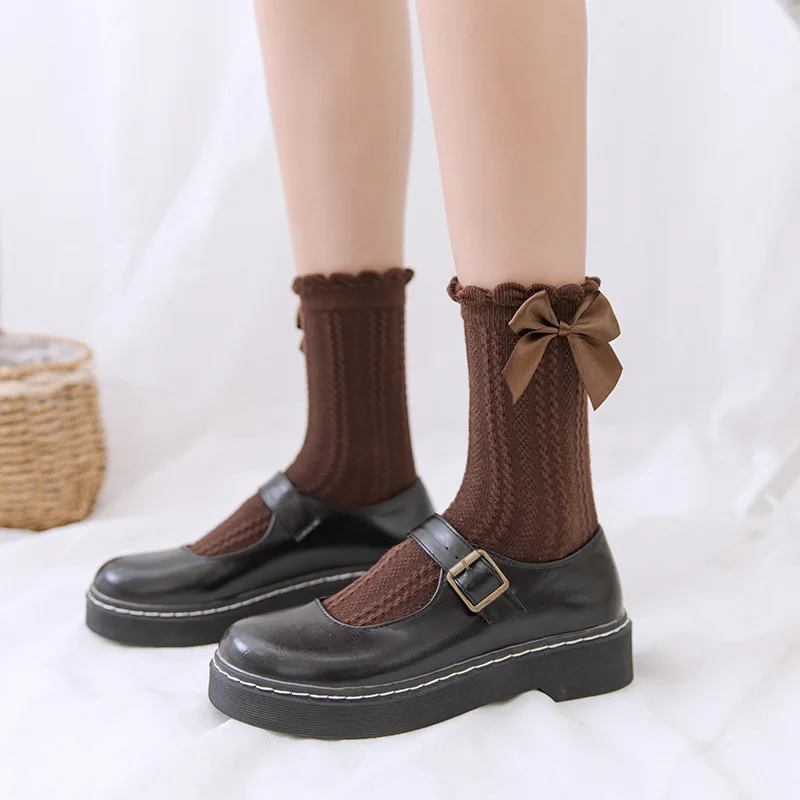 1 Pair Women Socks Ruffle Lolita Bow Socks Cosplay Costumes Accessories Medium Tube Comfortable Socks Cute Sweet Girl Gift