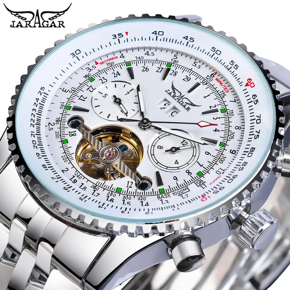 Jaragar clássico tourbillon masculino relógio mecânico branco calendário automático grande dial banda de aço inoxidável militar piloto relógio de