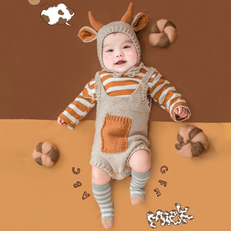 2021 100 Days Baby Knitted Cow Ears Hat Romper Set Newborn Photography Props Cap Jumpsuit Kit Infants Photo Shooting Clothing