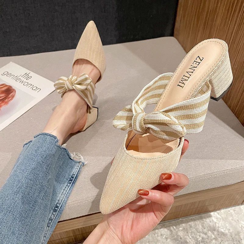 

Women Pointed Hollow Striped Bowknot Slippers Summer Ladies Square High Heel Slip On Flip Flop Elegant Female Mule Slides Sandal