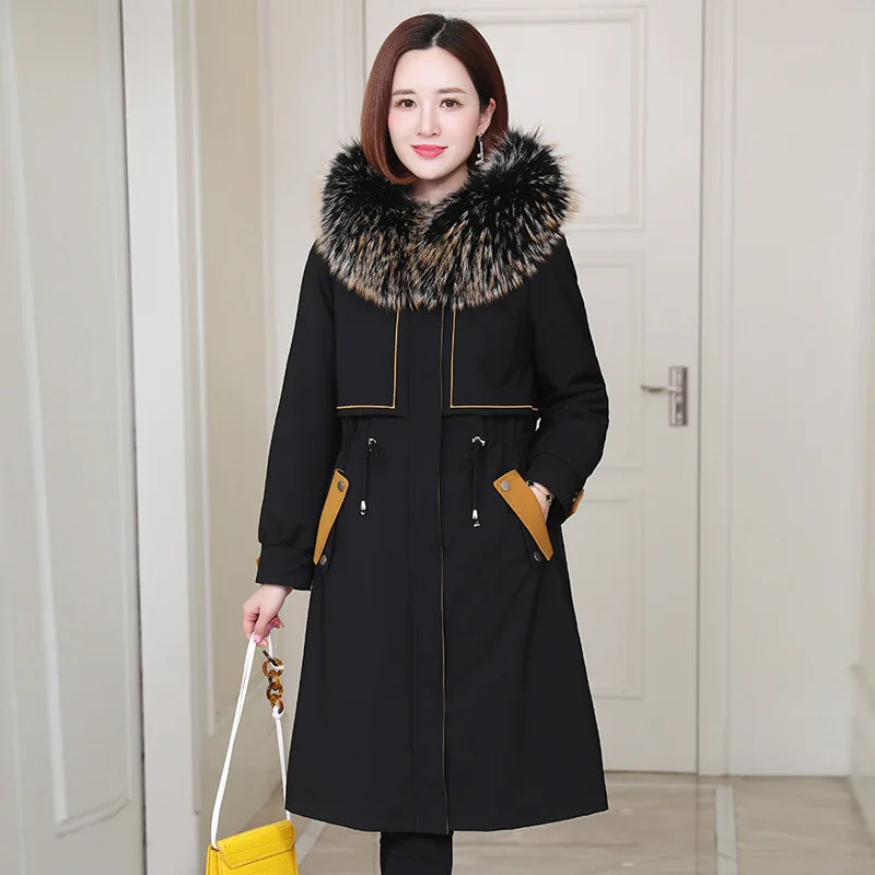 Raccoon Fur Collar Parkas Women's Long Drawstring Waisted Elegant Double-Faced Fur Overcoat Real Rabbit Fur Liner Winter Coat