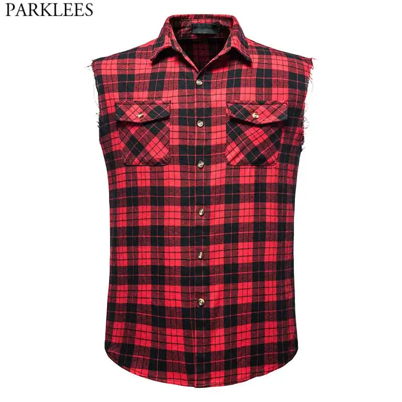 

Men's Casual Flannel Plaid Shirt Sleeveless Double Pocket Cowboy Button Down Shirts Men Cotton Plus Size Vest Checkered Top 2XL