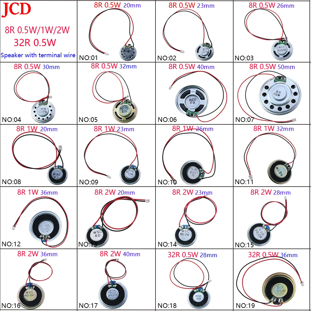 NO:17-19 1pcs ultra-thin speaker 8R 32R 0.5W 1W 2W loudspeaker speaker diameter 20 23 26 28 30 32 36 40 50MM with terminal cable