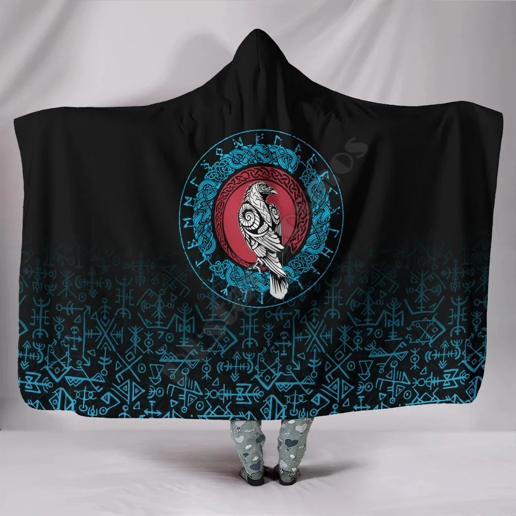 

Viking Style Hooded Blanket Raven Celtic Cyan 3D Printed Wearable Blanket Adults For Kids Hooded Blanket Fleece blanket