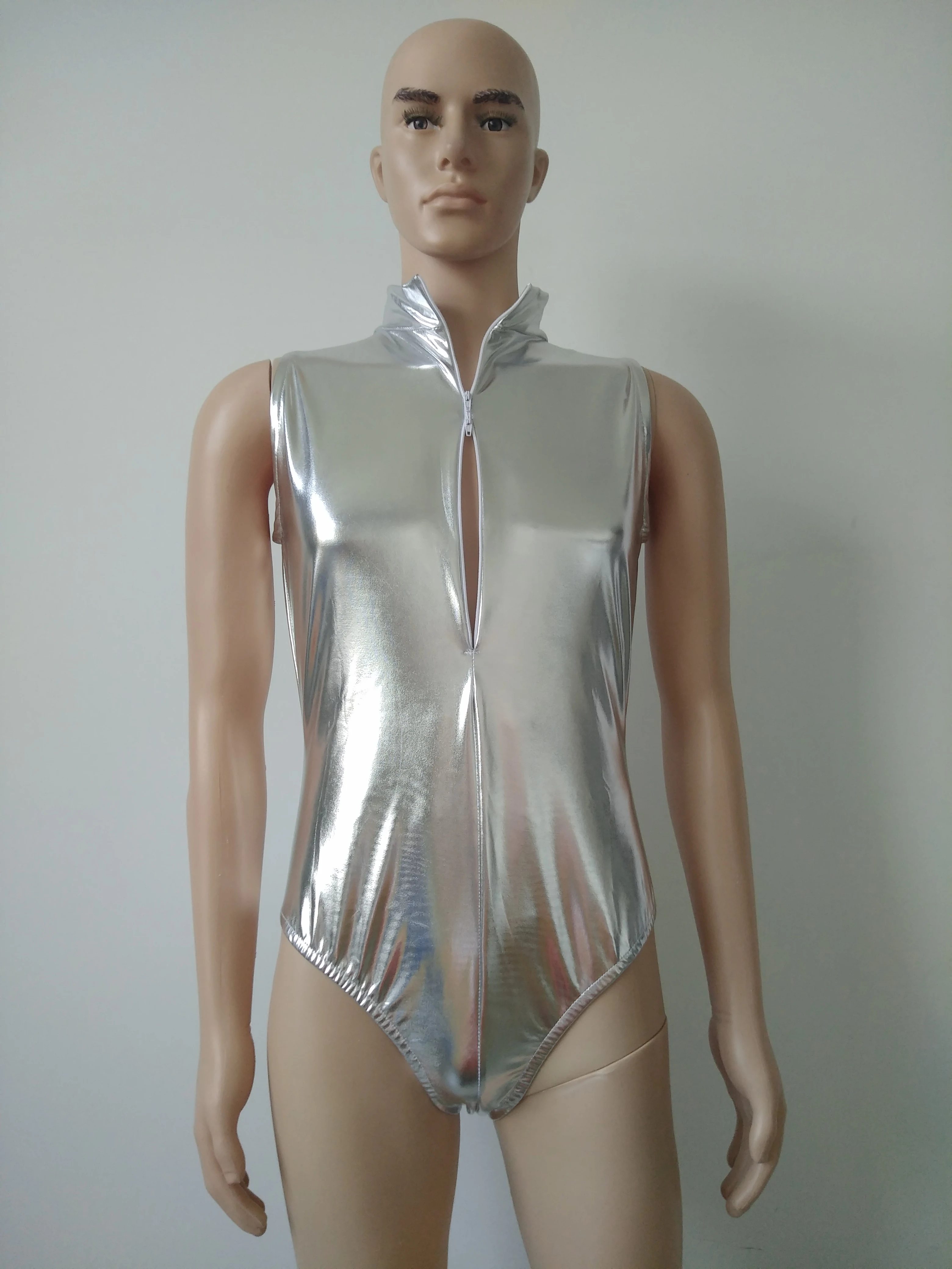 Mannen Twee Afmetingen Leuke Zus Open Borst Dubbele Rits Badpak Half Bodysuit Catsuit Kostuums Glanzend Metallic Zentai Spandex