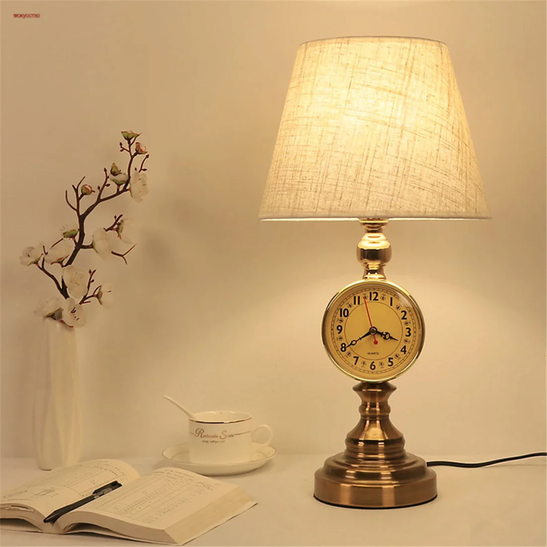 

European Style Retro Fabric Metal Led Table Lamp With Clock American Simplicity Home Deco Bedroom Bedside Standing Night Lights