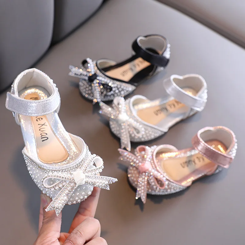 Silver Pink Black Rhinestone Bowknot Girls Sandals Kids Princess Shoes For Spring Summer Shoes For Wedding Party Dance 1 2 3-13T