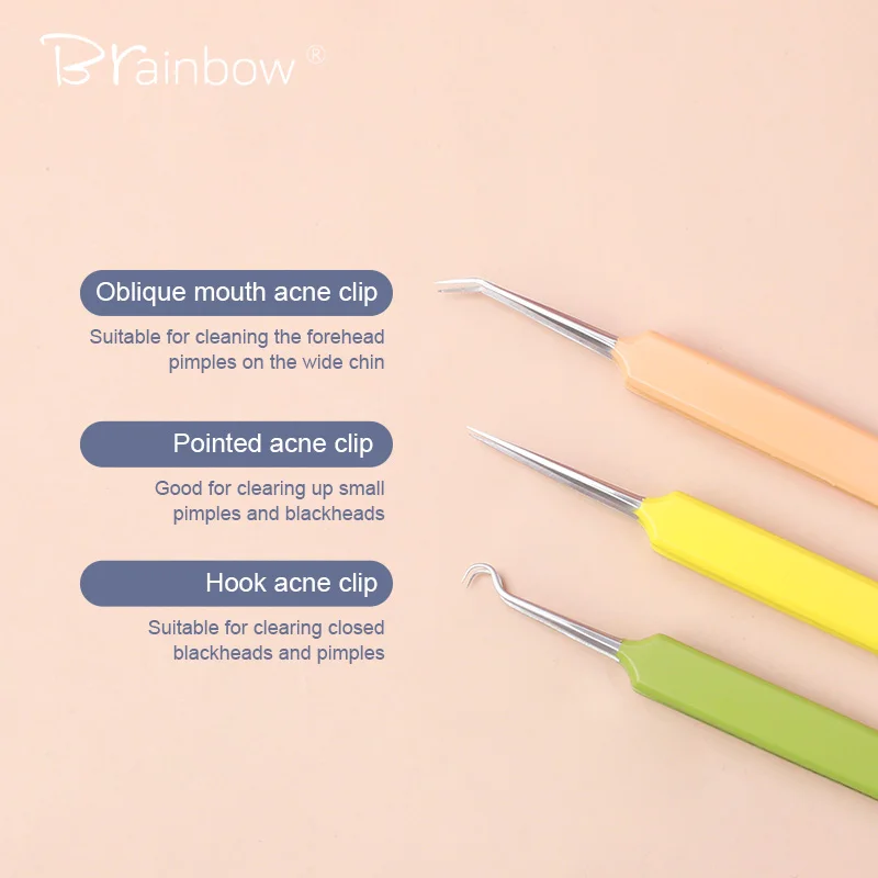 Brainbow Juego de pinzas de precisión para eliminación de espinillas, herramienta de belleza profesional de acero inoxidable, limpiador facial, 3 piezas