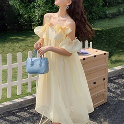 2021 Summer Vintage Yellow Strap Dress Women Sweet Off Shoulder Ruffle Fairy Dress Female Elegant Evening Party Ladies Dress New