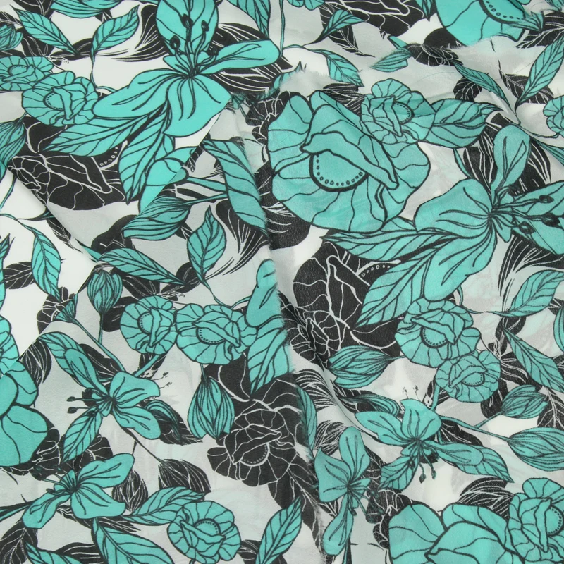 100% Silk Crepe DE chine fabric green floral print 140cm width 15momme,SCDC879