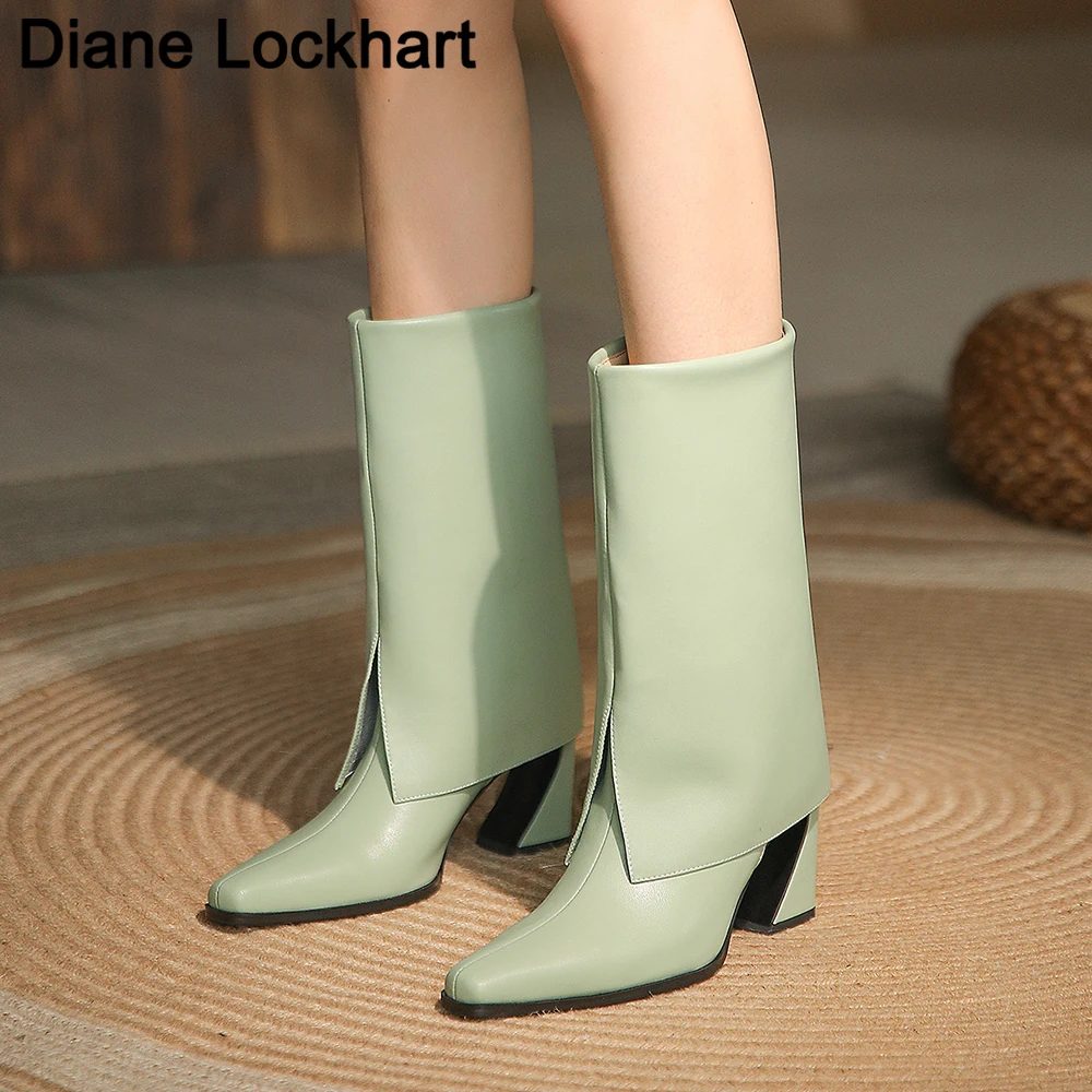 

Newest Women Fold Block Heel Calf Boots Faux Leather Fold-over Mid Calf Boot Ladies Slip On Pointy Toe Woman Botas De Mujer 41