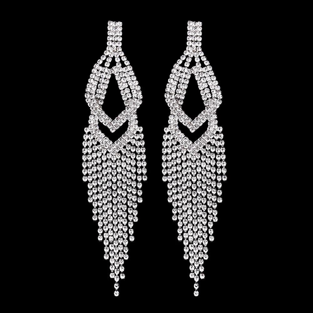 TREAZY New Luxury Fashion Rhinestone Tassel Drop Earrings for Women Silver Color Big Hollow Pendant Earrings Wedding Jewelry