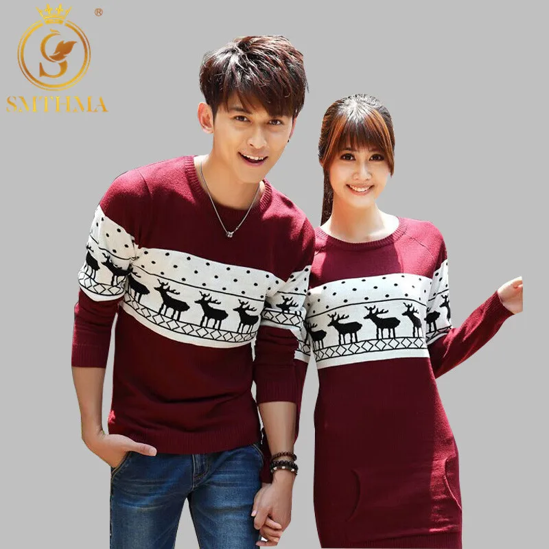 SMTHMA 2021 New Winter Runway Men's /Women Long Sleeve Wine Red Pullovers Matching Deer Couple Christmas New Year Sweaters