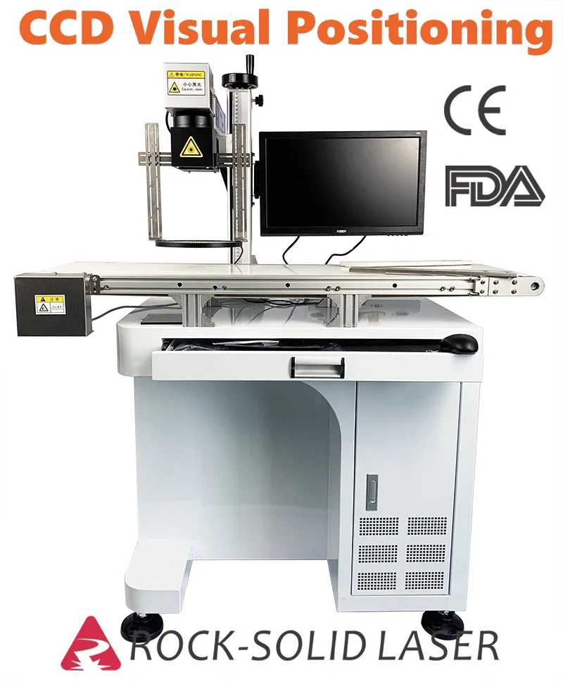 CCD Visuelle Positionierung Faserlaserbeschriftungsmaschine JPT M7 MOPA Raycus MAXQ-schalter Automatische Faserlaserbeschriftung Mit Förderer