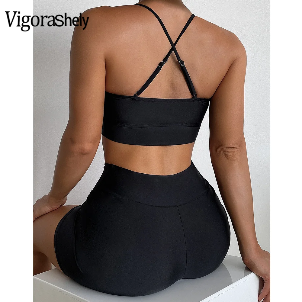 VigorCasey Sexy Black Vest Bikini Set Push Up Swimwear Women 2024 High Waist Bottom Swimsuit Biquini Backless Corss Bathing Suit