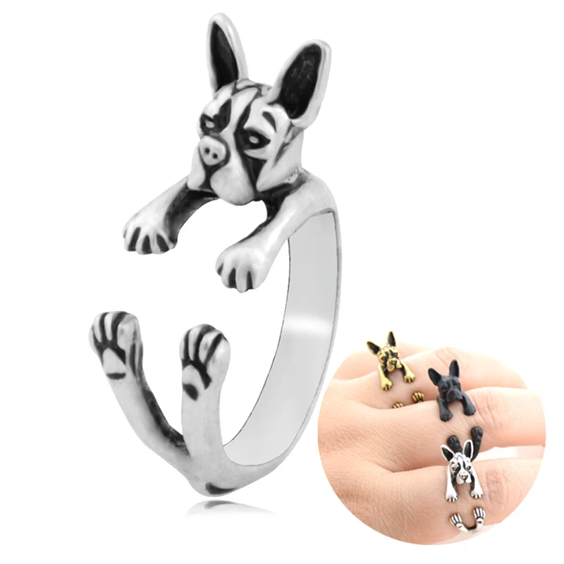 1 Piece Hippie 3D Boston Terrier Dog Anillos Love Ring Men Boho Brass Knuckle Dog Anel Masculino Couple Rings For Women Jewelry