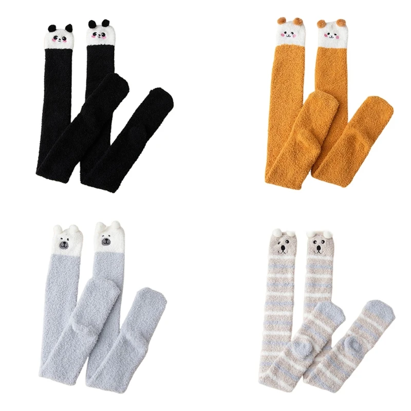 Women Cartoon Thigh High Fuzzy Slipper Socks Animal Embroidery 3D Ears Over Knee Long Stockings Fluffy Plush Leg Warmers