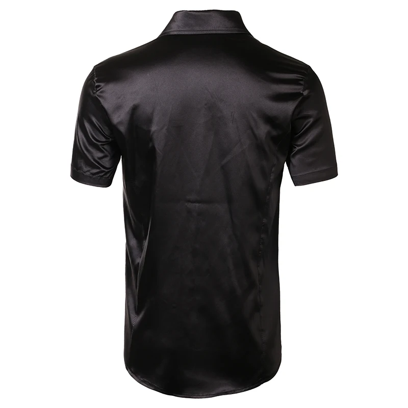 Stilvolles schwarzes Satin-Hemd für Herren, 2020, Sommer, kurzärmelig, Seide wie Herrenhemden, lässig, Party, Hochzeit, Event, Abschlussball, Chemise Homme