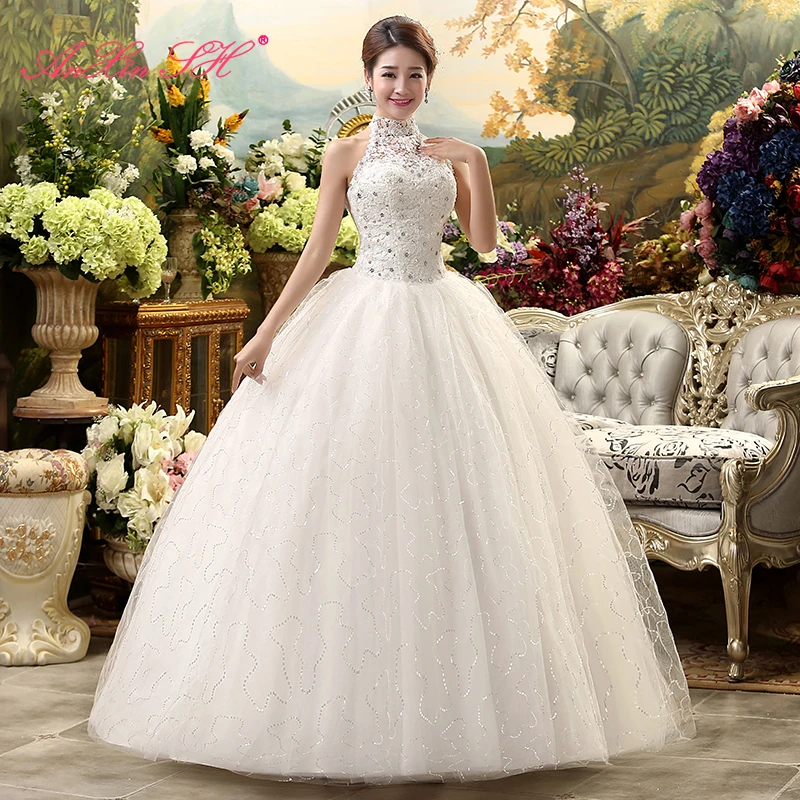 AnXin SH beauty flower lace white vintage halter beading crystal sleeveless flower ball gown white customized wedding dress