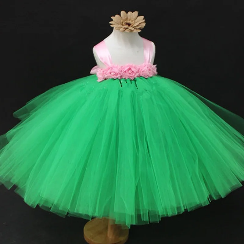 Girls Green Tulle Tutu Dress Kids Crochet Strap Dress Ball Gown with Pink Shabby Flower Children Birthday Party Costumes Dresses