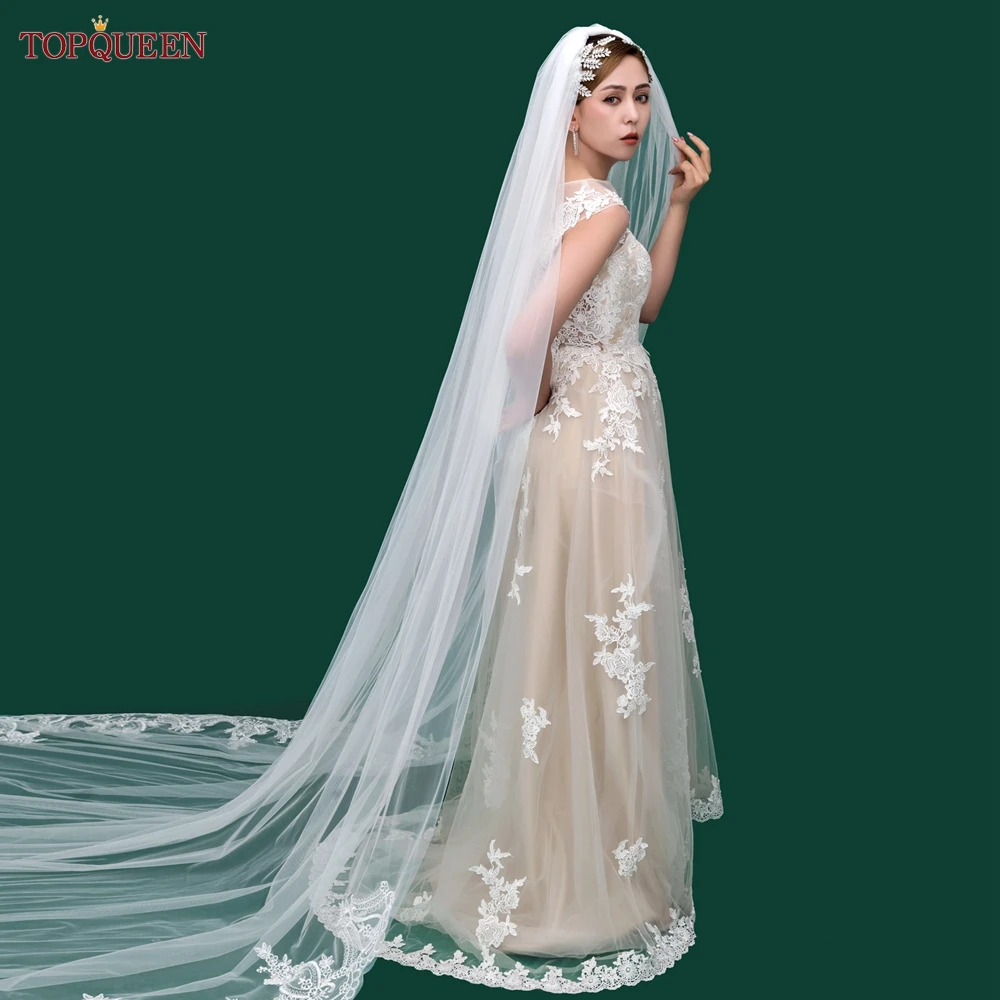 TOPQUEEN V73 Bridal Cathedral Length Veil with Lace Trim Long Royal Wedding Veil with Comb Soft Tulle Veil Spanish Mantilla