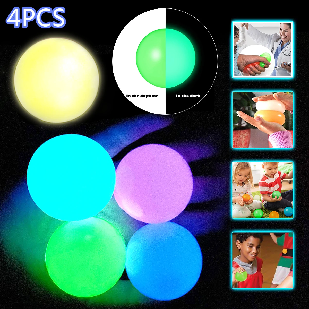 4 Pcs Glowing Sticky Ceiling Balls Luminescent Fidget Throw Wall Target Ball Adult Kids Outdoor Squash Squeeze Stress Relief Toy