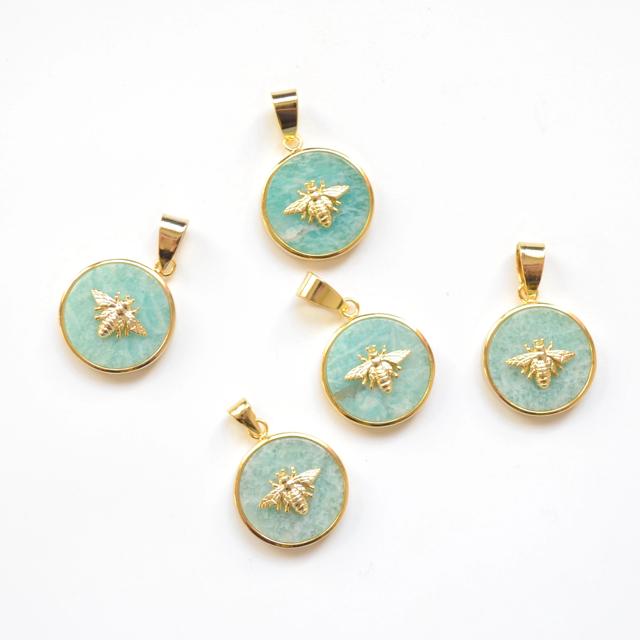 Round Amazonite pendants with gold electroplated insect paved pendant